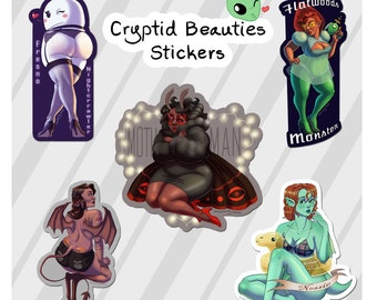 Pinup Cryptid Stickers - Waterproof Mothman, Jersey Devil, Fresno Nightcrawler, Flatwoods Monster, Loch Ness Monster