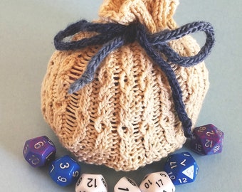 Knitted Dice Bag Small Size, Cable Knit Cream Bag, DnD Role playing game accessory