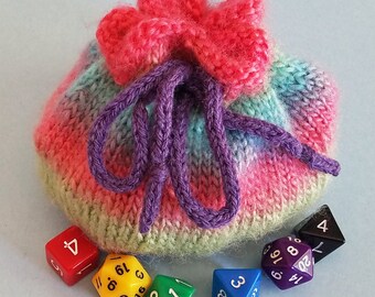 Knitted Dice Bag Small Size, Rainbow Bag with Purple Drawstring, DnD Role playing game accessory
