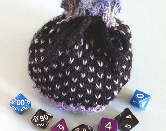 Knitted Dice Bag Small Size, Black and Purple Bag with Star Pattern, DnD Role playing game accessory