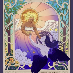 Sun and Moon - Mucha Inspired Illustration, Sapphic Art Nouveau