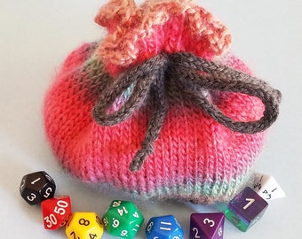 Knitted Dice Bag Small Size, Rainbow Bag with Gray Drawstring, DnD Role playing game accessory