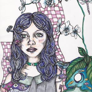May include: An artistic illustration of a person with blue hair and green eyes, adorned with mushroom and floral elements. The background features a checkered pattern and orchids, with a dragonfly. The artwork has a whimsical, fantasy theme.