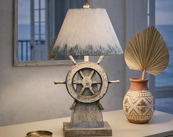 Lámpara de mesa náutica, lámpara de timón de barco costero, decoración rústica para casa de playa, lámpara con temática oceánica vintage, iluminación para sala de estar y dormitorio.