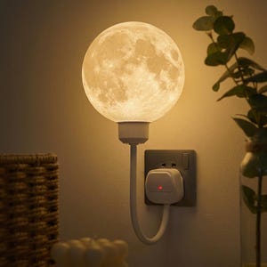 Könnte beinhalten: Ein weißes, steckbares Mond-Nachtlicht. Die kugelförmige Lampe hat eine detaillierte Oberfläche und wird in eine Steckdose gesteckt. Die Lampe strahlt ein warmes, weiches Licht aus und schafft eine beruhigende Atmosphäre. Ein dekorativer Artikel für ein Schlaf- oder Kinderzimmer.