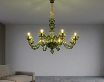 Green Glass Chandelier Vintage Murano Style Ceiling Light Elegant Dining Room Lighting Modern Classic Home Decor Statement Lamp