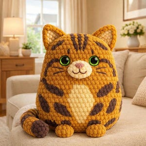 May include: A plush, orange tabby cat stuffed animal with dark brown stripes and spots. The cat has large green eyes, a pink nose, and a cream-colored belly. The cat is sitting on a beige couch.
