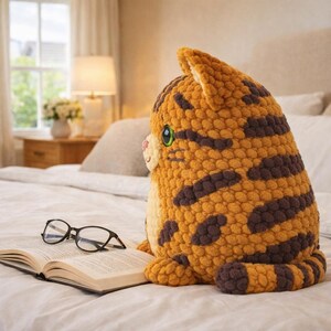 May include: A crocheted cat plush toy in shades of orange and brown, with dark brown stripes. The cat has green eyes and is sitting on a bed next to an open book and eyeglasses. The plush is a decorative item.