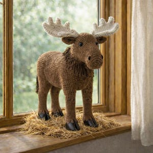 May include: A brown crochet moose figure with cream antlers. The moose is placed on a bed of straw on a wooden windowsill. The figurine has black hooves and a detailed, textured design. The window is in the background.
