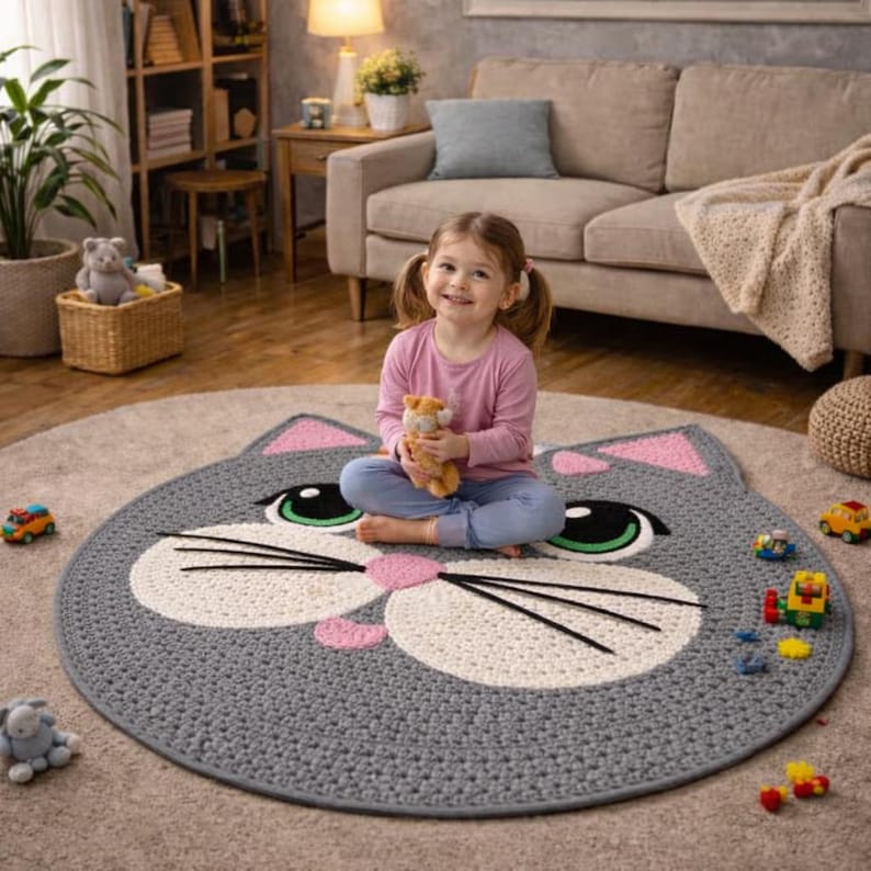 May include: A gray, round, crocheted rug shaped like a cat's face. The rug features white, pink, and black details for the eyes, nose, and whiskers. A young girl sits on the rug, holding a stuffed animal. Toys are scattered around the rug.