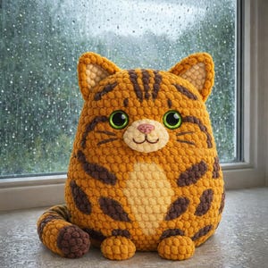 May include: A handmade, orange and brown crochet cat plushie with green eyes and a pink nose. The cat has a striped pattern and is sitting on a windowsill in front of a window with raindrops.