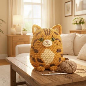 May include: A handmade, orange and brown crocheted cat figurine with green eyes and a white belly sits on a wooden table. A ball of yarn and a crochet hook are next to the cat. The cat has a friendly expression.