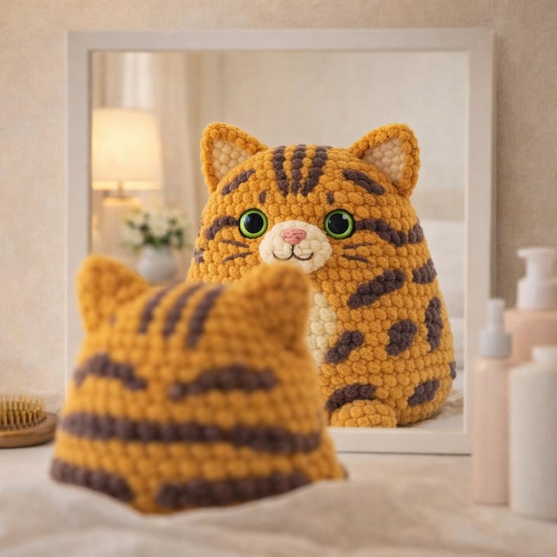May include: A handmade, plush cat toy with a tiger-like pattern in shades of orange and brown. The cat has large green eyes, a pink nose, and a white muzzle. The toy is positioned in front of a mirror, with a partial view of the cat's reflection.