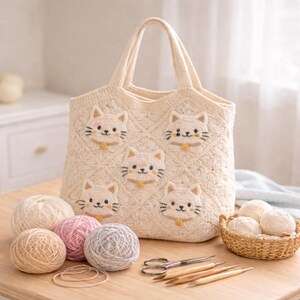 May include: Cream-colored crochet tote bag with cat face appliqu&eacute;s. The bag features a diamond pattern and two handles. Several balls of yarn in various colors, a small basket of yarn, and crafting tools are also visible.