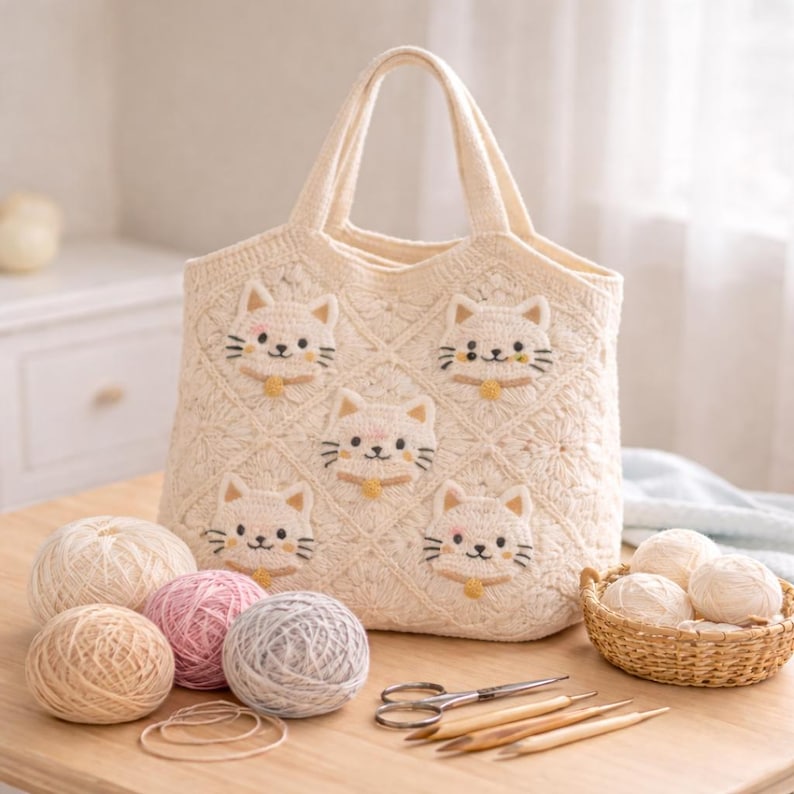 May include: Cream-colored crochet tote bag with cat face appliqu&eacute;s. The bag features a diamond pattern and two handles. Several balls of yarn in various colors, a small basket of yarn, and crafting tools are also visible.