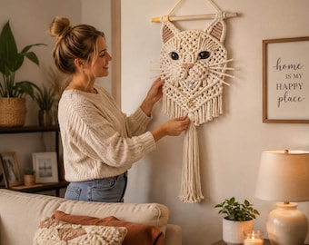 May include: A cream-colored macrame cat wall hanging with black eyes, pink nose, and long whiskers. The cat's head is mounted on a wooden dowel and has a long tassel. The wall hanging is displayed on a beige wall.