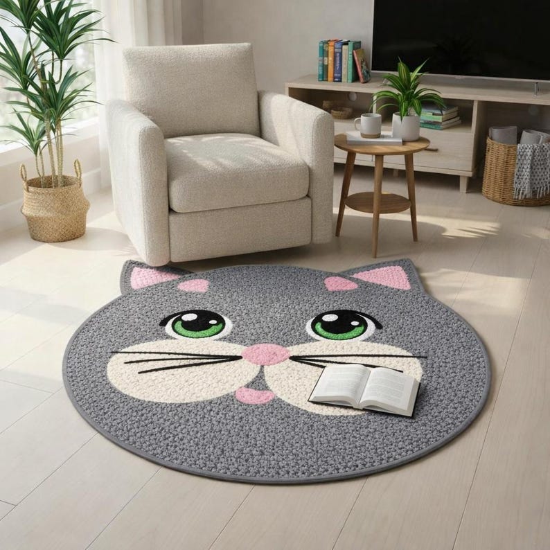 May include: A gray, round cat-shaped rug with a smiling face, pink accents, and green eyes. The rug has a white muzzle and whiskers. An open book rests on the rug. The rug is on a light wood floor.