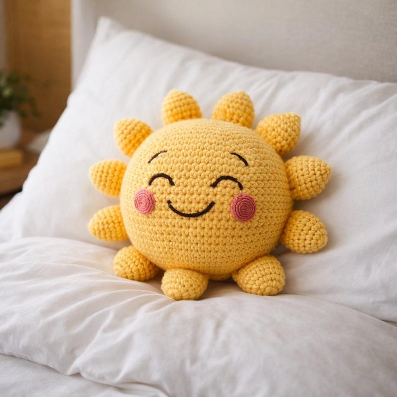Handgjord virkad solplysch | Söt amigurumi solskensdocka | Mjuk gul leende leksak | Barnkammardekoration | Mysig heminredning bild 9