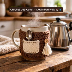 Puede incluir: Una funda de taza de ganchillo marrón con un bolsillo y borla color crema, envuelta alrededor de una taza beige con una cuchara. La taza contiene una bebida caliente, de la que sale vapor. El texto "Crochet Cup Cover - Download Now" está en la parte superior.