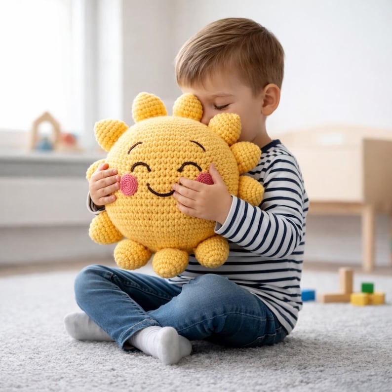 Handgjord virkad solplysch | Söt amigurumi solskensdocka | Mjuk gul leende leksak | Barnkammardekoration | Mysig heminredning bild 11