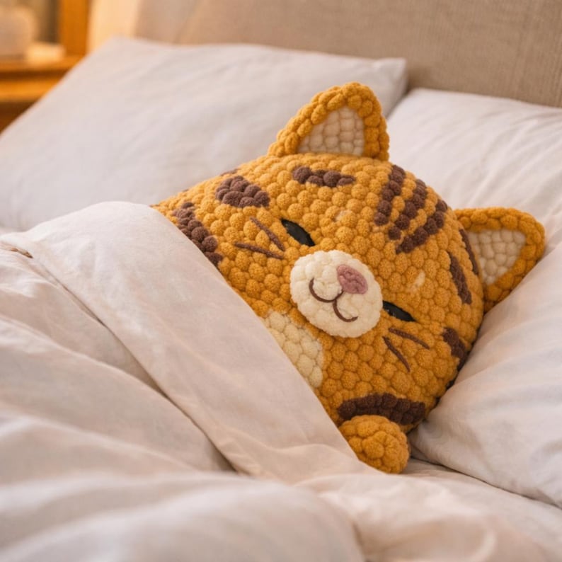 May include: A plush, orange and brown tiger-shaped pillow with a smiling face, nestled under a white blanket on a bed. The pillow features textured details and a soft, inviting appearance, perfect for a child's room or as a decorative accent.