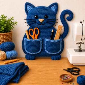 May include: A blue crochet cat-shaped organizer with two pockets, holding orange scissors, a pencil, and a ruler. The cat has black whiskers, a tan nose, and dark blue eyes. A sewing machine and other craft supplies are in the background.