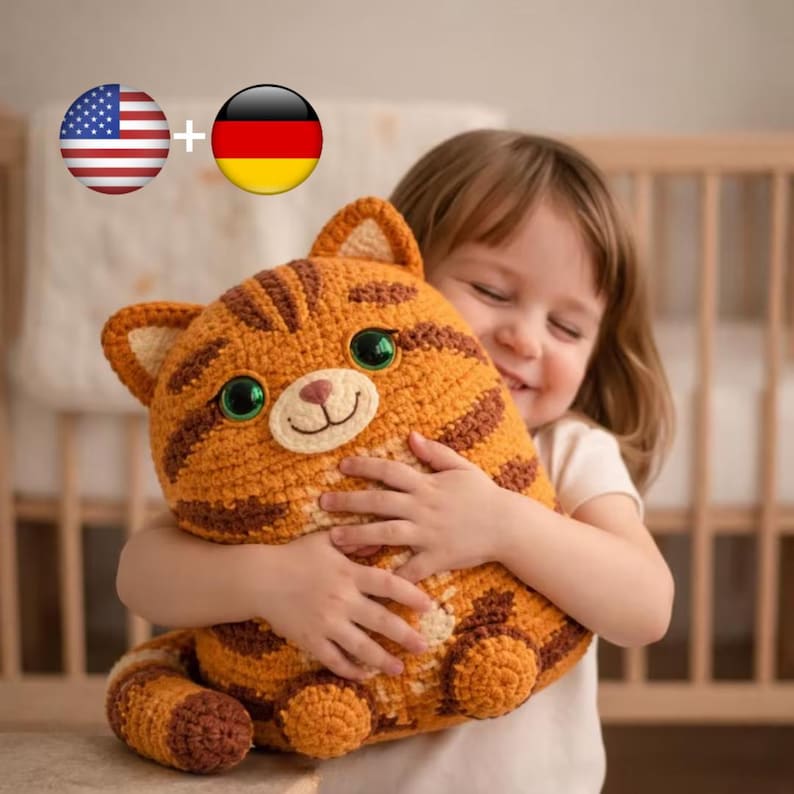 May include: A large, orange and brown crocheted cat plush toy with green eyes. The cat has brown stripes and a smiling face. The plush is being held by a person. The background includes a crib.