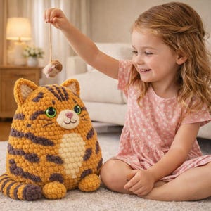 May include: A plush, orange and brown striped cat toy with green eyes and a white belly. A small, brown toy mouse is suspended above the cat. The cat toy is designed to look like a friendly cartoon cat.