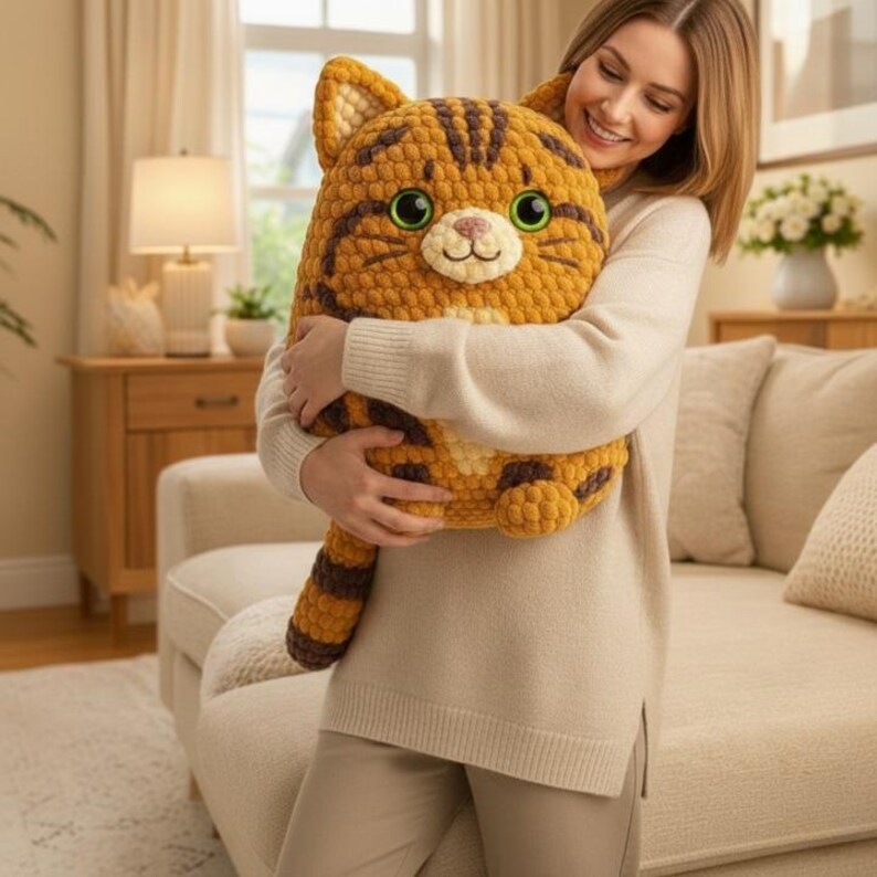 May include: A large, handmade crochet cat plushie in shades of orange and brown. The cat has green eyes, a pink nose, and brown stripes. The plush toy is being held by a person.