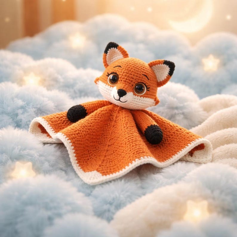 K&ouml;nnte beinhalten: Eine geh&auml;kelte Fuchs-Kuscheldecke in Orange, Wei&szlig; und Schwarz. Der Fuchs hat gro&szlig;e, ausdrucksstarke Augen und liegt auf einer flauschigen, hellblauen und wei&szlig;en Oberfl&auml;che. Die Decke hat eine quadratische Form mit wei&szlig;em Rand.