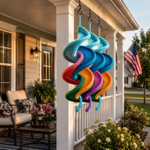 May include: Three hanging spiral wind spinners made of crocheted yarn in vibrant colors including turquoise, blue, pink, orange, purple, and green. Each spinner features a textured, coiled design suspended from a black metal hook on a porch.