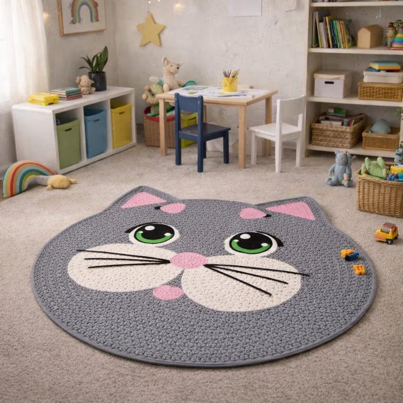May include: A gray cat-shaped rug with pink accents and large green eyes. The rug has a round shape and is made of a woven material. The cat's face features a pink nose and whiskers. This rug is designed for a child's room.