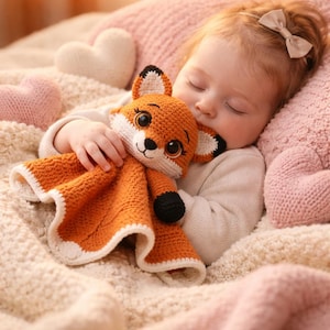 May include: A crocheted orange fox lovey with white and black accents. The fox has large, expressive eyes and is being held by a baby. The baby is nestled among pink and cream-colored pillows and blankets. The fox is a handmade item.