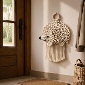May include: A cream-coloured macrame hedgehog wall hanging with a wooden ring for hanging. The hedgehog has a black nose and eyes, and a fringe at the bottom. The wall hanging is displayed on a light-coloured wall.