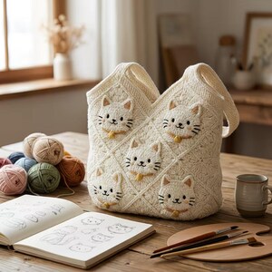 May include: Cream-colored crochet tote bag featuring embroidered cat faces with yellow collars. The bag has a diamond pattern and two handles. Yarn balls in various colors, a sketchbook with cat drawings, and art supplies are also visible.