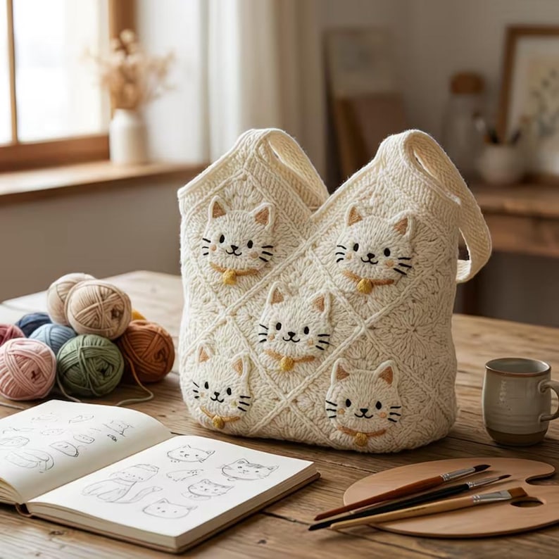 May include: Cream-colored crochet tote bag featuring embroidered cat faces with yellow collars. The bag has a diamond pattern and two handles. Yarn balls in various colors, a sketchbook with cat drawings, and art supplies are also visible.