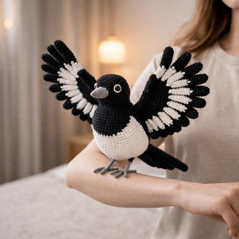 May include: A crocheted magpie bird with open wings, in black and white. The bird has a black head, back, and wings with white detailing. The body is white, and the beak and feet are grey. The bird is displayed with its wings spread.
