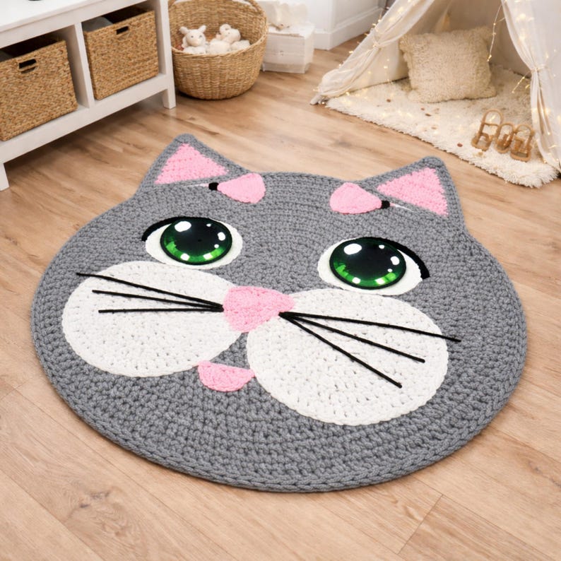 May include: A gray, crocheted cat-shaped rug with pink accents on the ears and nose. The rug features large, white eyes with green irises and black whiskers. This decorative rug is designed for a child's room.