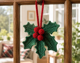 Crochet Holly Door Hanger Pattern PDF, Christmas Door Knob Decor, Holly Leaves Ornament, Holiday Crochet Decor, Digital Download