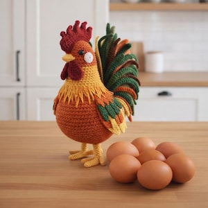 Könnte beinhalten: Ein handgehäkelter Hahn in Orange, Gelb und Grün, mit rotem Kamm und Schwanzfedern. Der Hahn steht auf einer Holzoberfläche neben einer Gruppe brauner Eier. Ein dekoratives Hoftier.