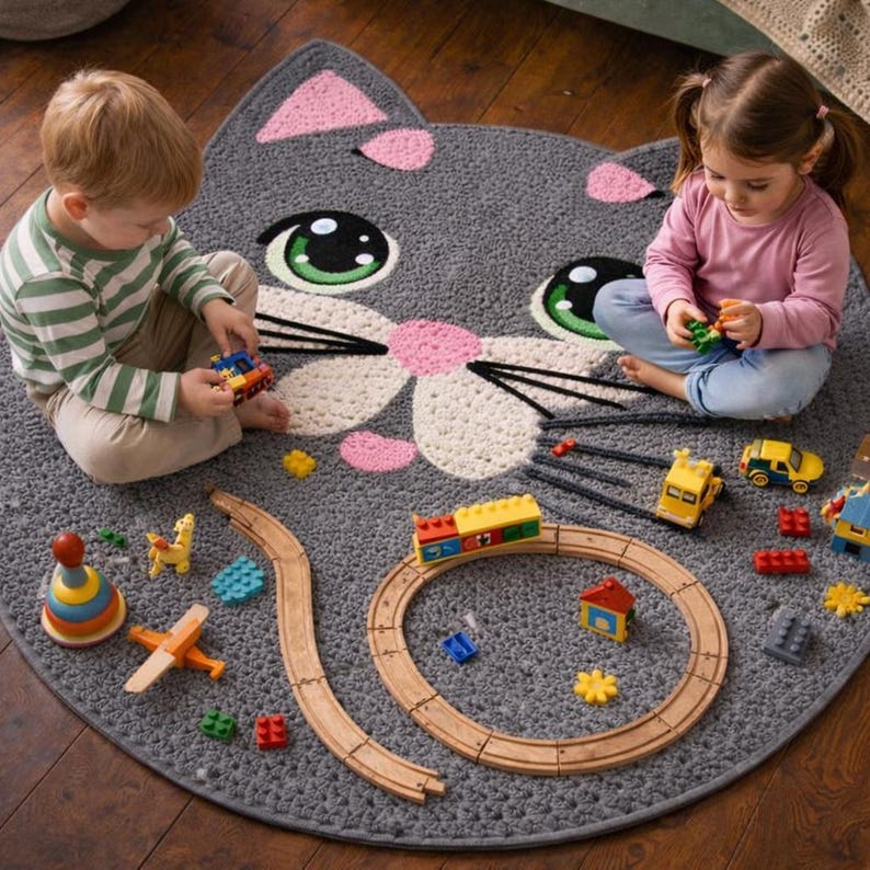 May include: A gray, cat-shaped rug with pink accents and green eyes. Children are playing with colorful toy cars, a wooden train set, and other toys on the rug. The rug is round and made of a soft material.