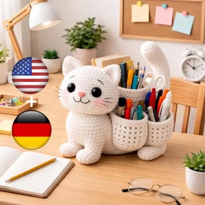 Crochet Cat Pen Holder Pattern PDF – Cute Desk Organizer & Needle Holder, Digital Download