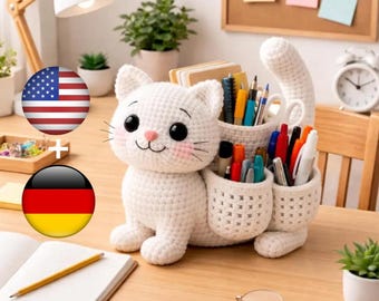 Crochet Cat Pen Holder Pattern PDF – Cute Desk Organizer & Needle Holder, Digital Download