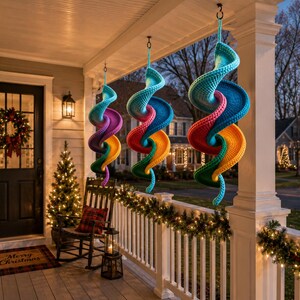 May include: Three hanging spiral decorations made of multi-colored yarn in shades of teal, blue, pink, and orange. Each piece features a textured, crocheted appearance and is suspended from the ceiling of a porch by a thin cord and hook.