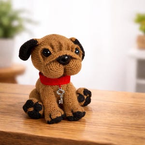 Puede incluir: Figura de perro carlino hecha a mano. El perro marrón tiene orejas, patas y nariz negras. Lleva un collar rojo con un dije de llave plateada. El carlino está sentado sobre una superficie de madera.