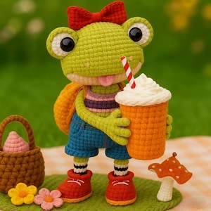May include: A crocheted frog doll with a red bow, holding an orange drink with whipped cream and a striped straw. The frog wears blue shorts, a striped shirt, and red shoes. A small basket, flowers, and a mushroom are also present.