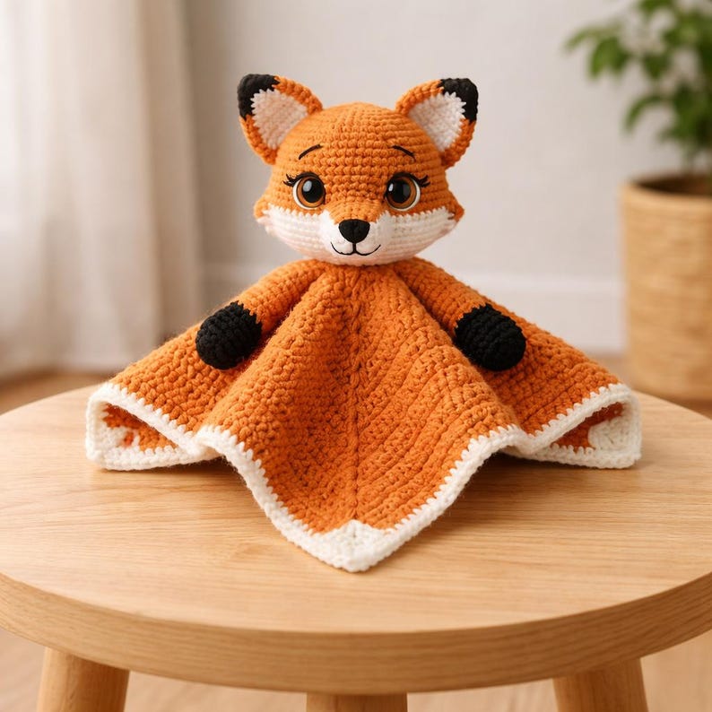K&ouml;nnte beinhalten: Geh&auml;kelte Fuchs-Kuscheldecke in Orange, Schwarz und Wei&szlig;. Der Fuchs hat ein detailliertes Gesicht und ist an einer quadratischen Decke mit wei&szlig;em Rand befestigt. Das Objekt liegt auf einem Holztisch.
