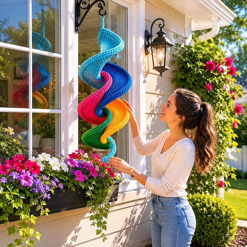 May include: A spiral-shaped hanging decoration made of crocheted yarn in a vibrant gradient of blue, pink, yellow, and green. The structure features a textured, knotted surface and is suspended from a black metal hook attached to a window frame.