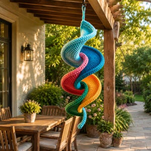May include: A spiral-shaped hanging decoration featuring a vibrant gradient of crocheted yarn in shades of turquoise, blue, pink, orange, and green. The structure twists into a continuous coil, suspended from a single point at the top.