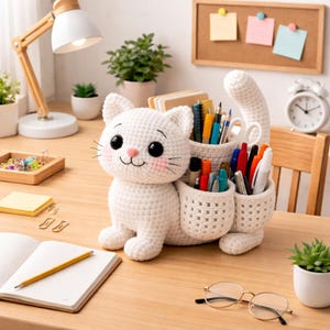 May include: A white crochet cat desk tidy with three pen holders. The cat has black eyes, pink cheeks, and a pink nose. The desk tidy is filled with pens, pencils, and other stationery. The cat is approximately 25 cm tall.